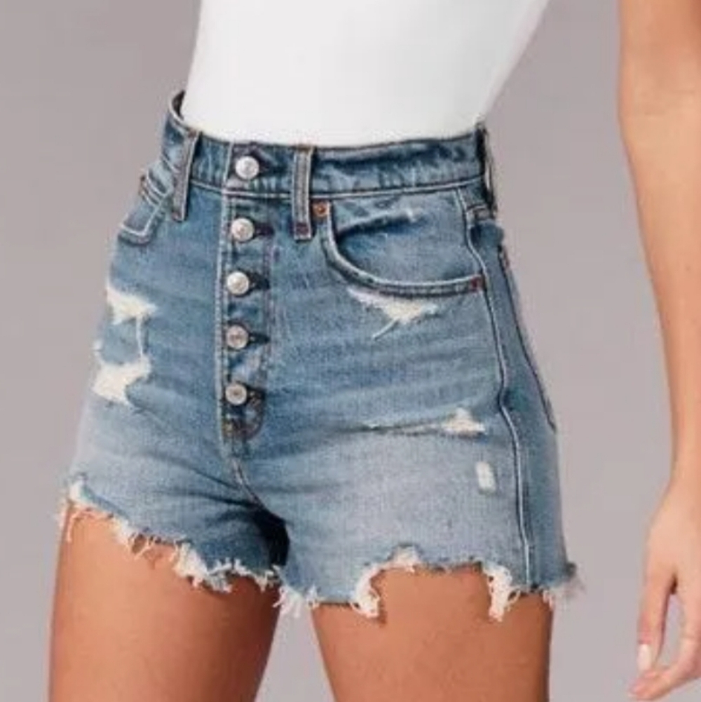 Abercrombie & Fitch High-Rise Light Blue Distressed Denim Jean Shorts